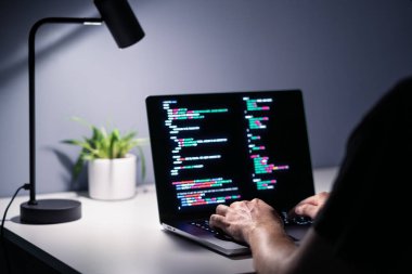 Kodlayıcı ya da hacker. Veri programcısı, geliştirici ya da mühendis. Çevrimiçi dolandırıcılık ve hırsızlık için siber suç güvenlik yazılımı. Bilgisayar ekranında Css kodu. Web sitesi ya da virüs koruması geliştiriliyor