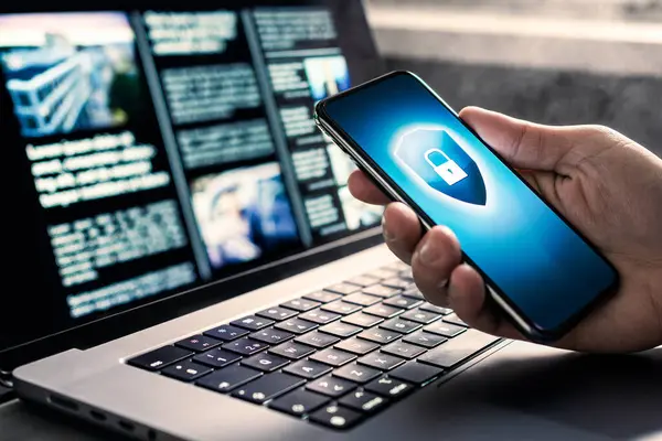 Phone data cyber security to protect from hacker or fraud. Website service attack safety for mobile and laptop computer. Cybersecurity and electronic crime protection. Spy or scammer using smartphone.
