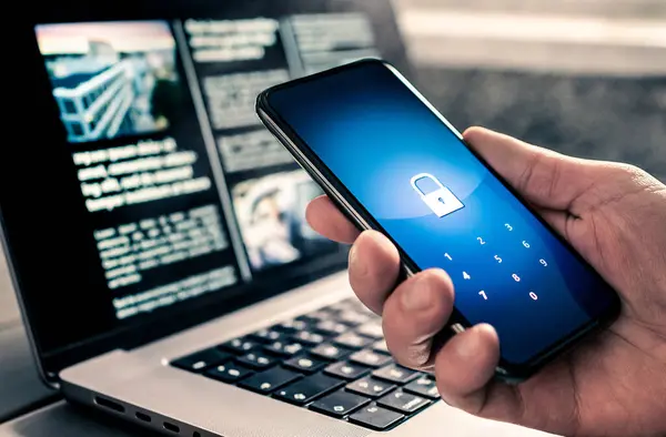 Phone password to protect data online from hacker fraud and scam. Cyber security and personal privacy. Cybersecurity mobile lock. Electronic and digital crime. Website service attack safety.