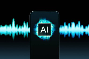 Derin sahte ya da ses. Konuşmayı ve dili tercüme et. Müzik ya da ses jeneratörü. Derin sahte ya da ses klonu dolandırıcılığı. Telefon uygulamasında yapay zeka teknolojisi. Konuşma tanıma robotu. Dalga arkaplanı.