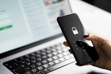 Data protect online. Privacy from fraud with with phone password, OTP. Two factor verification, 2fa. Personal cyber internet security. Digital bank information cybersecurity against scam.