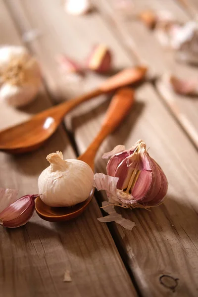 Red Garlic Sicily Wooden Table Closeup Stock Picture
