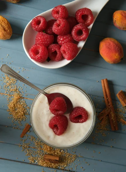 Raspberry Yogurt Glass Bowl Closeup Stock Image