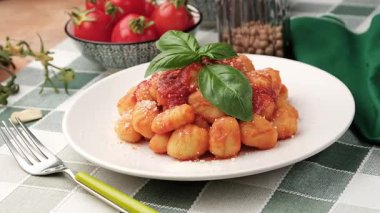 Domates soslu patates gnocchi. Yakın plan.