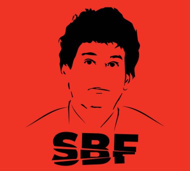 Kazablanka, Fas - 15 Aralık 2022: Sam Bankman-Fried SBF 'nin asgari çizimi ve kırmızı arkaplan üzerinde kesme etkisi ile metin