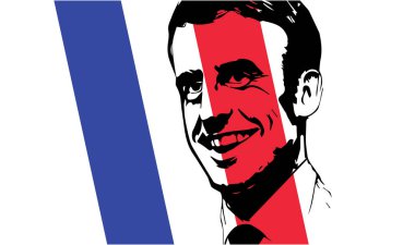 Casablanca, Fas - 9 Mart 2023: Fransa Cumhurbaşkanı Emmanuel Macron 'un Fransa bayrağıyla siyah beyaz resimli portresi