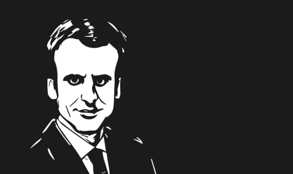 Casablanca, Fas - 9 Mart 2023: Fransa Cumhurbaşkanı Emmanuel Macron 'un siyah beyaz çizimi