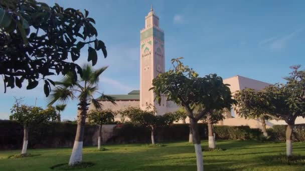 从公园的日光下俯瞰哈桑二世清真寺 摩洛哥卡萨布兰卡 — 图库视频影像