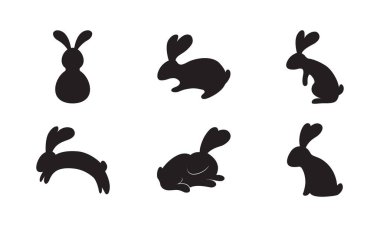 Beyaz arkaplanda izole edilmiş bir grup siluet tavşan veya tavşan, Vektör illüstrasyonu