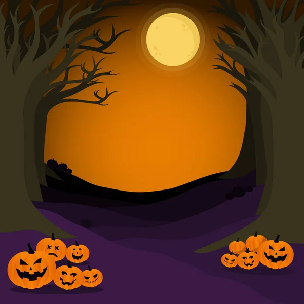 Calabazas Halloween Espeluznantes Árboles Muertos Bosque Por Noche Bajo Luz — Vector de stock