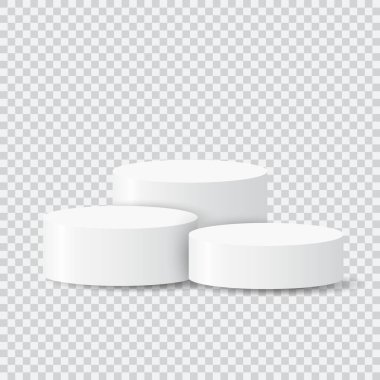 Beyaz 3 boş podyum, şeffaf arkaplanda ürünleri gösteriyor, Vektör illüstrasyonu.