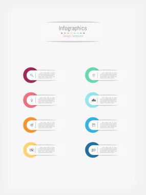 İş verileriniz için Infographic 8 seçenekleri tasarım elemanları. Vektör İllüstrasyonu.