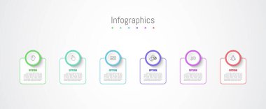 İş verileriniz için Infographic 6 seçenekleri tasarım elemanları. Vektör İllüstrasyonu.