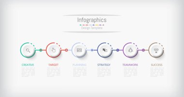 İş verileriniz için Infographic 6 seçenekleri tasarım elemanları. Vektör İllüstrasyonu.