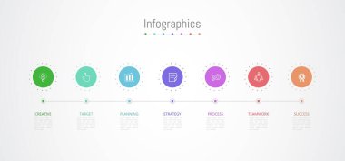 İş verileriniz için Infographic 7 seçenekleri tasarım elemanları. Vektör İllüstrasyonu.