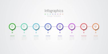 İş verileriniz için Infographic 8 seçenekleri tasarım elemanları. Vektör İllüstrasyonu.