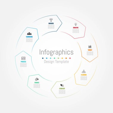 İş verileriniz için Infographic 8 seçenekleri tasarım elemanları. Vektör İllüstrasyonu.