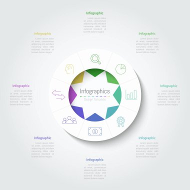 İş verileriniz için Infographic 8 seçenekleri tasarım elemanları. Vektör İllüstrasyonu.