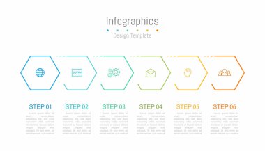 İş verileriniz için Infographic 6 seçenekleri tasarım elemanları. Vektör İllüstrasyonu.
