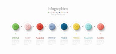 İş verileriniz için Infographic 8 seçenekleri tasarım elemanları. Vektör İllüstrasyonu.