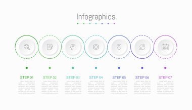 İş verileriniz için Infographic 7 seçenekleri tasarım elemanları. Vektör İllüstrasyonu.
