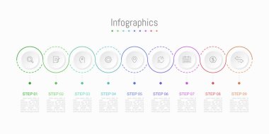 İş verileriniz için Infographic 9 seçenekleri tasarım elemanları. Vektör İllüstrasyonu.