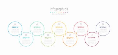 İş verileriniz için Infographic 9 seçenekleri tasarım elemanları. Vektör İllüstrasyonu.