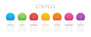 İş verileriniz için Infographic 7 seçenekleri tasarım elemanları. Vektör İllüstrasyonu.