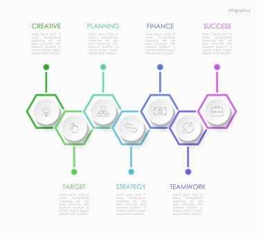 İş verileriniz için Infographic 7 seçenekleri tasarım elemanları. Vektör İllüstrasyonu.