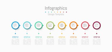 İş verileriniz için Infographic 8 seçenekleri tasarım elemanları. Vektör İllüstrasyonu.