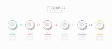 İş verileriniz için Infographic 6 seçenekleri tasarım elemanları. Vektör İllüstrasyonu.