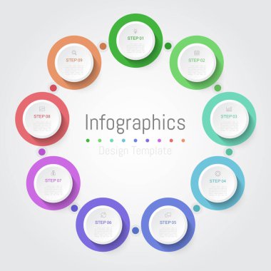 İş verileriniz için Infographic 9 seçenekleri tasarım elemanları. Vektör İllüstrasyonu.