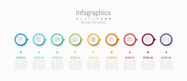 İş verileriniz için Infographic 9 seçenekleri tasarım elemanları. Vektör İllüstrasyonu.