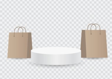 Beyaz boş podyum, şeffaf arka planda kahverengi kağıt alışveriş torbalarıyla ürünleri göstermek için, Vektör illüstrasyonuName