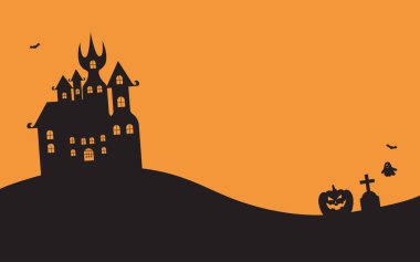 Siluet Cadılar Bayramı kalesi karakterleri, balkabağı, hayalet, turuncu arkaplandaki yarasa, metin için kopya alanı, Vektör illüstrasyonu