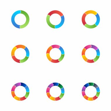 Oklu pasta grafikleri. Mali analiz verileri 2,3,4,4,5,6,7,8,9,10 bölüm elemanı iş sunumu için, Vektör İllüstrasyonu