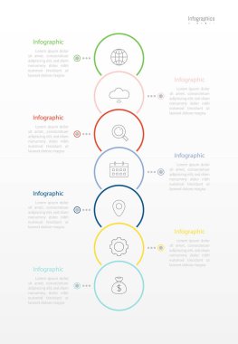 İş verileriniz için Infographic 7 seçenekleri tasarım elemanları. Vektör İllüstrasyonu.