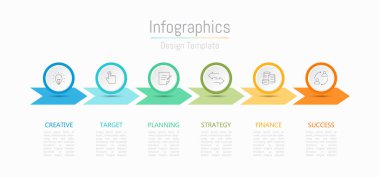 İş verileriniz için Infographic 6 seçenekleri tasarım elemanları. Vektör İllüstrasyonu.