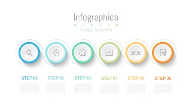İş verileriniz için Infographic 6 seçenekleri tasarım elemanları. Vektör İllüstrasyonu.