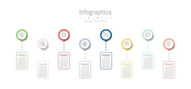 İş verileriniz için Infographic 8 seçenekleri tasarım elemanları. Vektör İllüstrasyonu.