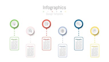 İş verileriniz için Infographic 6 seçenekleri tasarım elemanları. Vektör İllüstrasyonu.