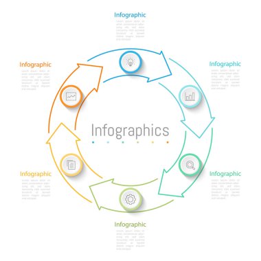İş verileriniz için Infographic 6 seçenekleri tasarım elemanları. Vektör İllüstrasyonu.