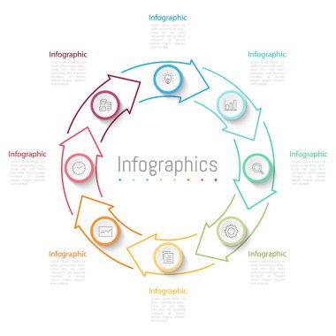 İş verileriniz için Infographic 8 seçenekleri tasarım elemanları. Vektör İllüstrasyonu.