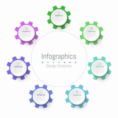 İş verileriniz için Infographic 7 seçenekleri tasarım elemanları. Vektör İllüstrasyonu.
