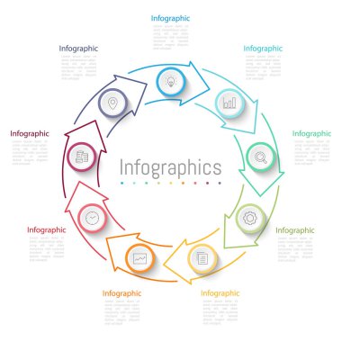 İş verileriniz için Infographic 9 seçenekleri tasarım elemanları. Vektör İllüstrasyonu.