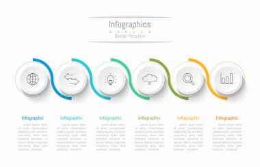 İş verileriniz için Infographic 6 seçenekleri tasarım elemanları. Vektör İllüstrasyonu.