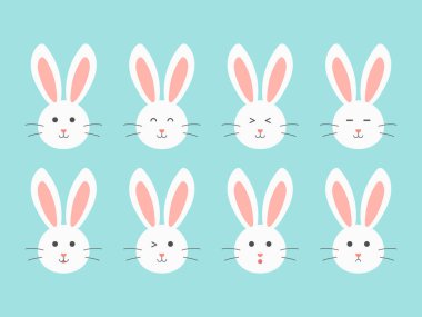 Mutlu beyaz tavşan kafası farklı duygu yüzüyle, çizgi film karakteri düz stili Paskalya tatili için, vektör çizimi