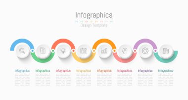 İş verileriniz için Infographic 8 seçenekleri tasarım elemanları. Vektör İllüstrasyonu.