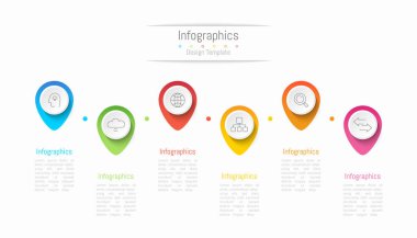 İş verileriniz için Infographic 6 seçenekleri tasarım elemanları. Vektör İllüstrasyonu.