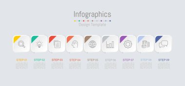 İş verileriniz için Infographic 9 seçenekleri tasarım elemanları. Vektör İllüstrasyonu.